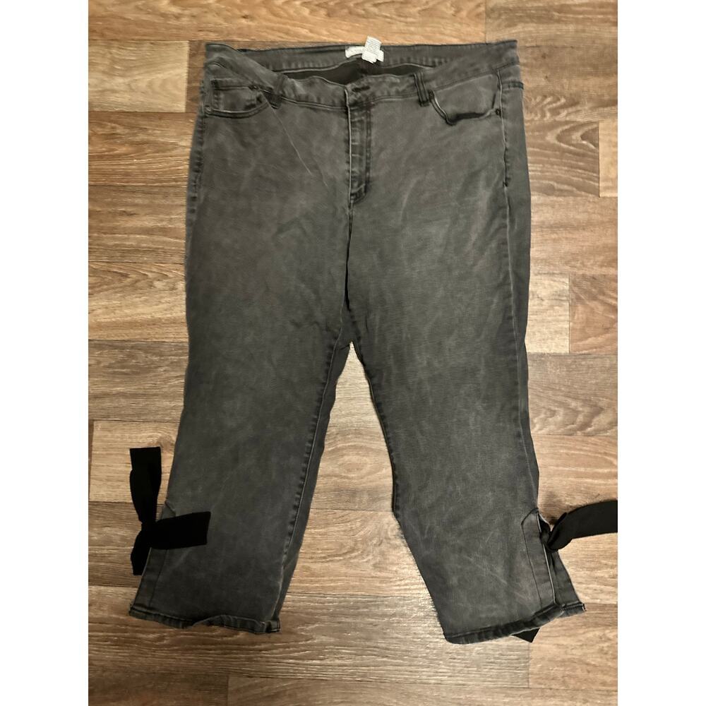 22 Plus Size Black Capri Jeans Ribbon Tie Ankle Stretch Denim Lane Bryant